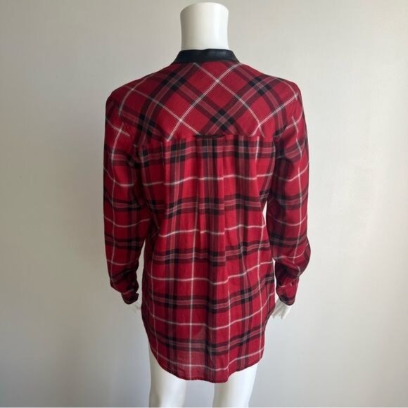 Vince Leather Trim Plaid Long Sleeve Button Down Shirt - 4 - Picture 4 of 8